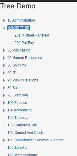 Screenshot einer Tree-Demo in JDeveloper 12c mit verschiedenen Unternehmensabteilungen und Mitarbeitern, darunter „20 Marketing“ mit zwei Untereinträgen.