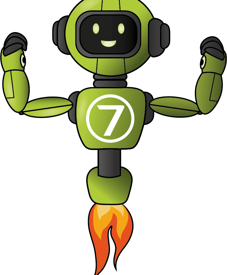 Rocket-powered robot smiling and flexing its arms, symbolizing strength and positivity.