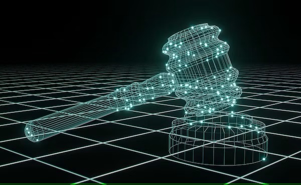 Digitaler Richterhammer in einer futuristischen Gittermodell-Darstellung