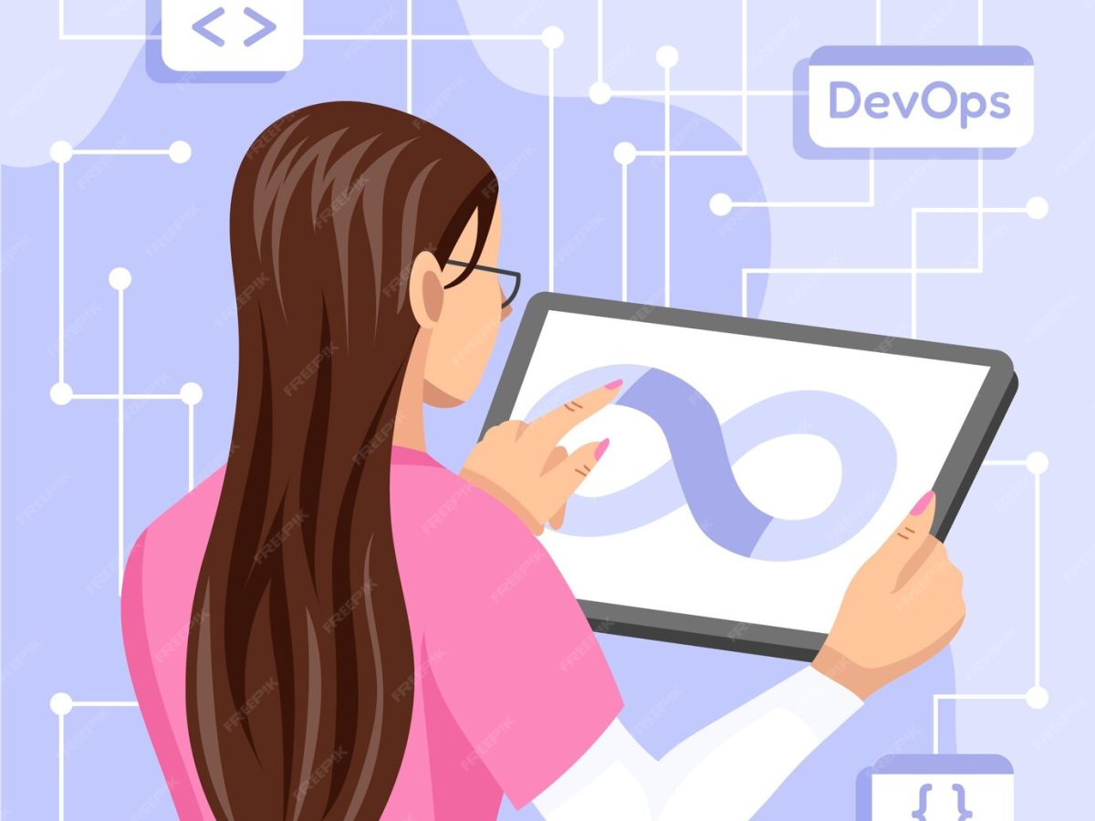 Illustration einer Frau mit Tablet, die das DevOps-Unendlichkeitszeichen auf dem Bildschirm betrachtet, im Hintergrund technische Symbole.