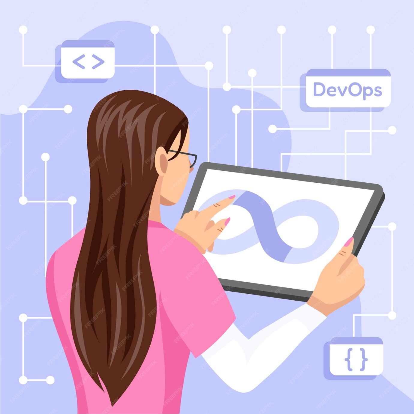 Illustration of a woman with a tablet looking at the DevOps infinity sign on the screen, with technical symbols in the background.