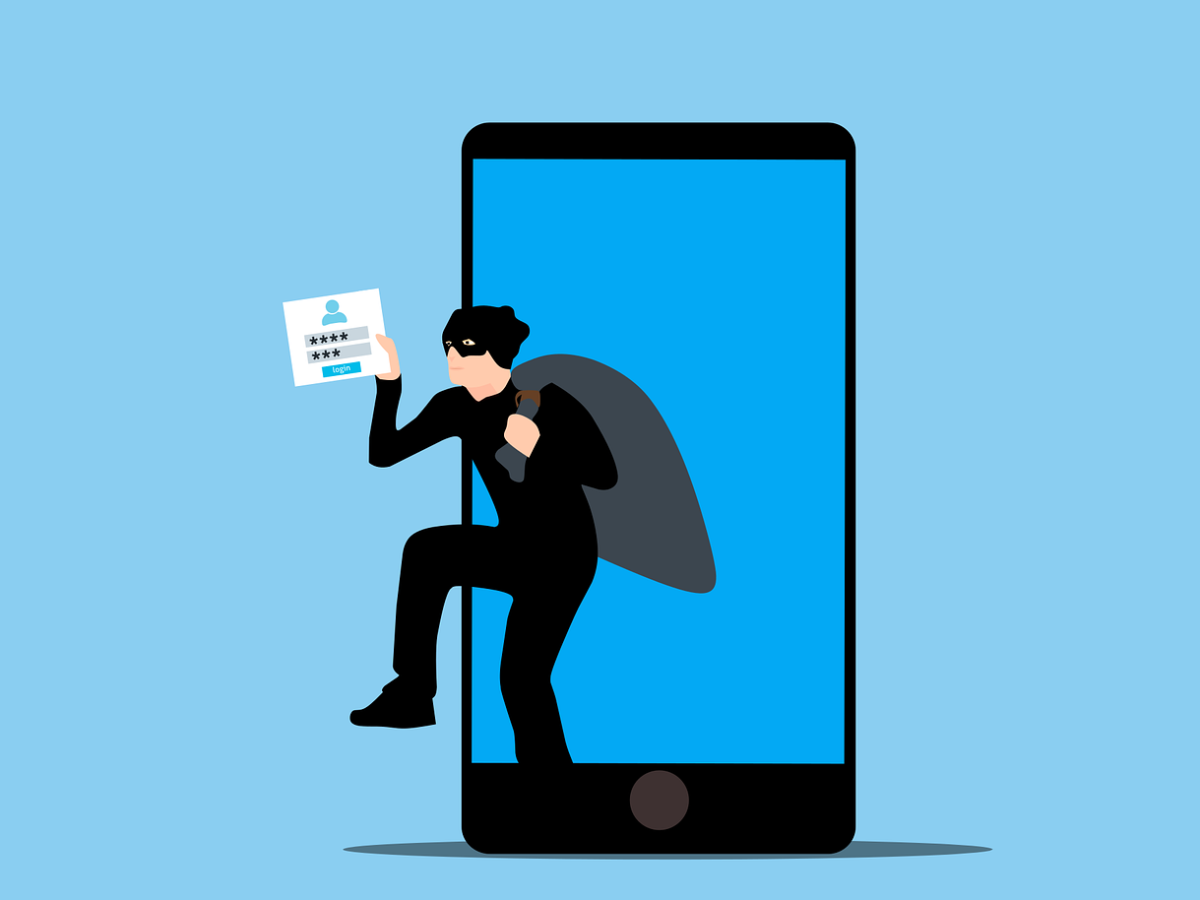 Illustration eines maskierten Diebs, der aus einem Smartphone klettert und Login-Daten stiehlt.