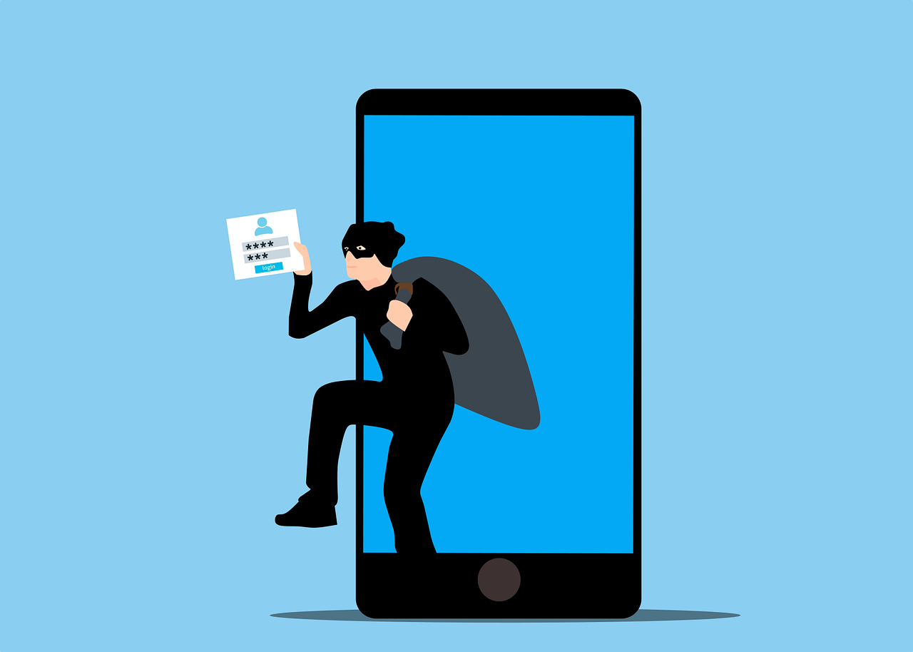 Illustration of a masked thief climbing out of a smartphone and stealing login data.