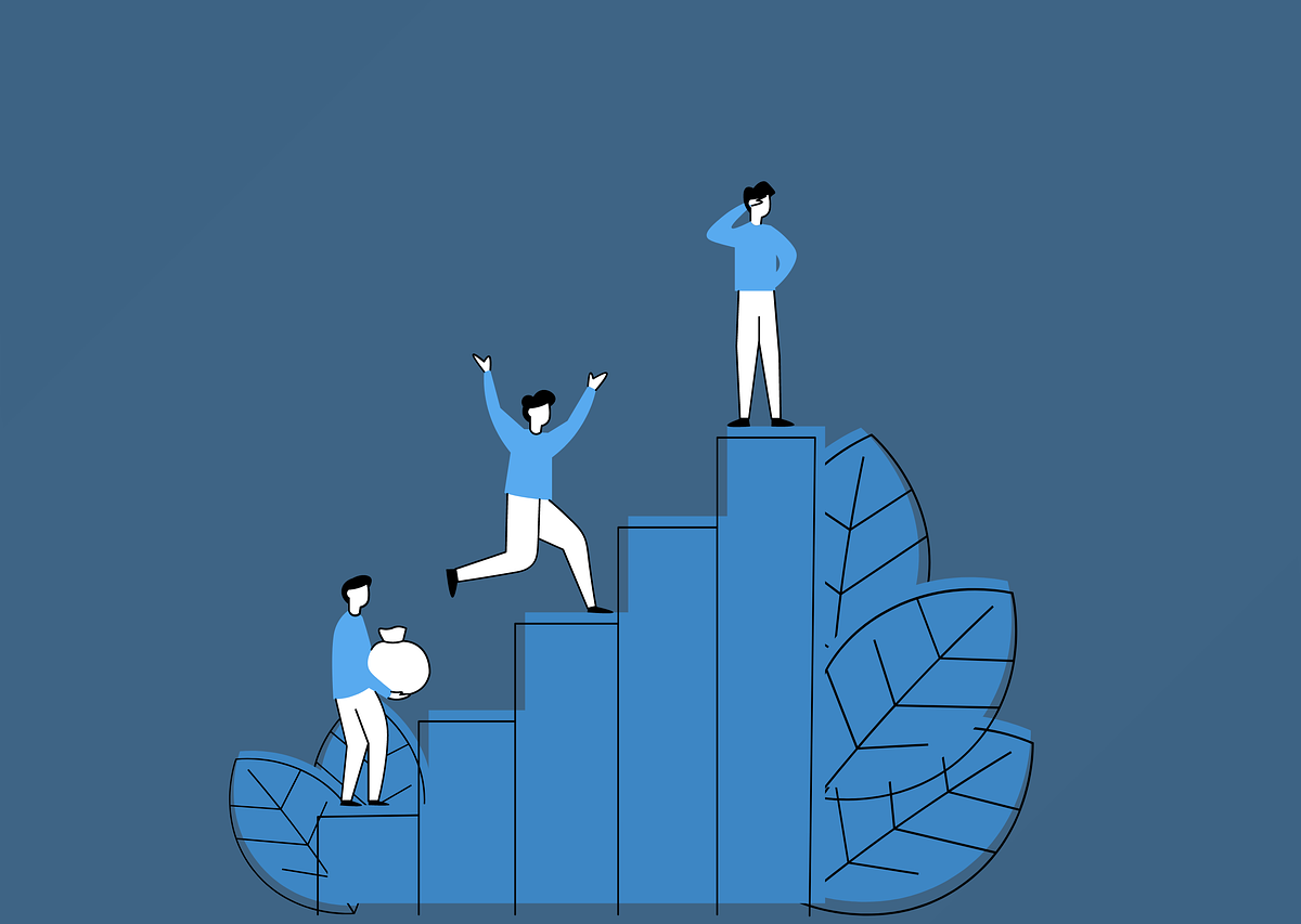 Illustration mit drei stilisierten Personen auf einem ansteigenden Balkendiagramm vor blauen Blättern als Symbol für persönliches Wachstum.