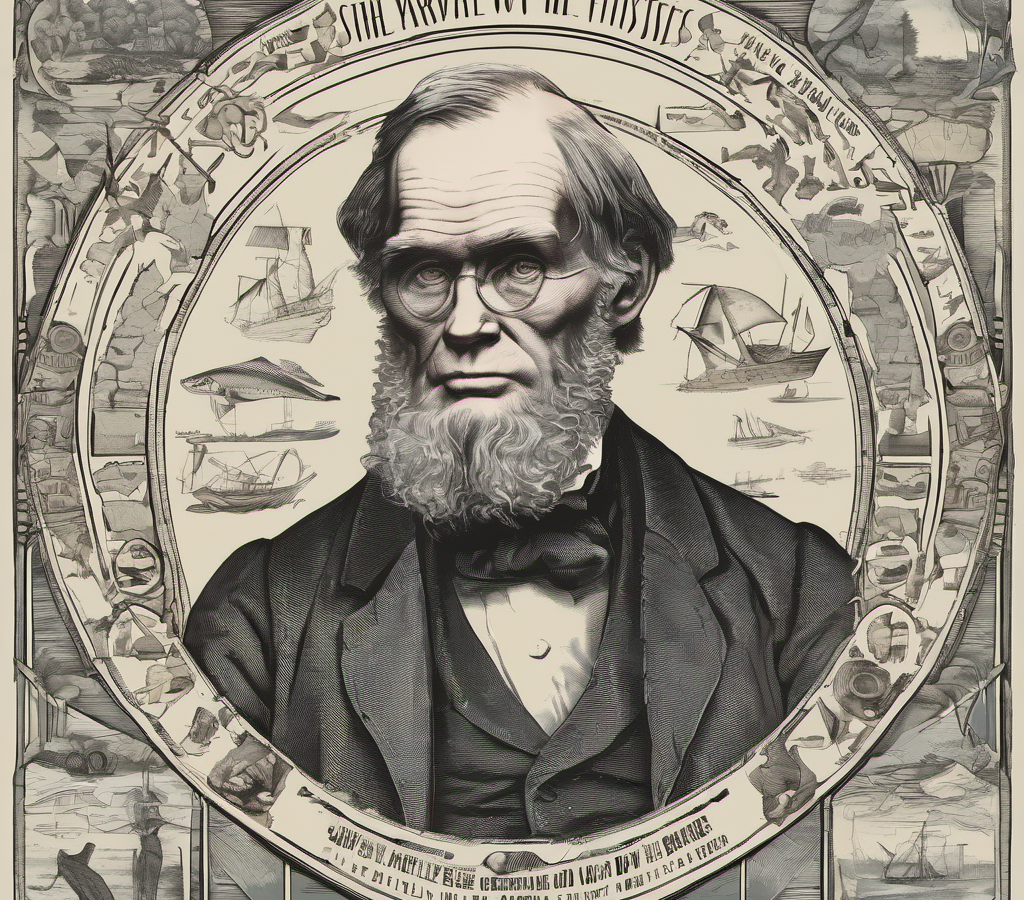 Stilisiertes Porträt eines Mannes im viktorianischen Stil, umgeben von technischen Skizzen und evolutionären Darstellungen in einem historischen Rahmen.