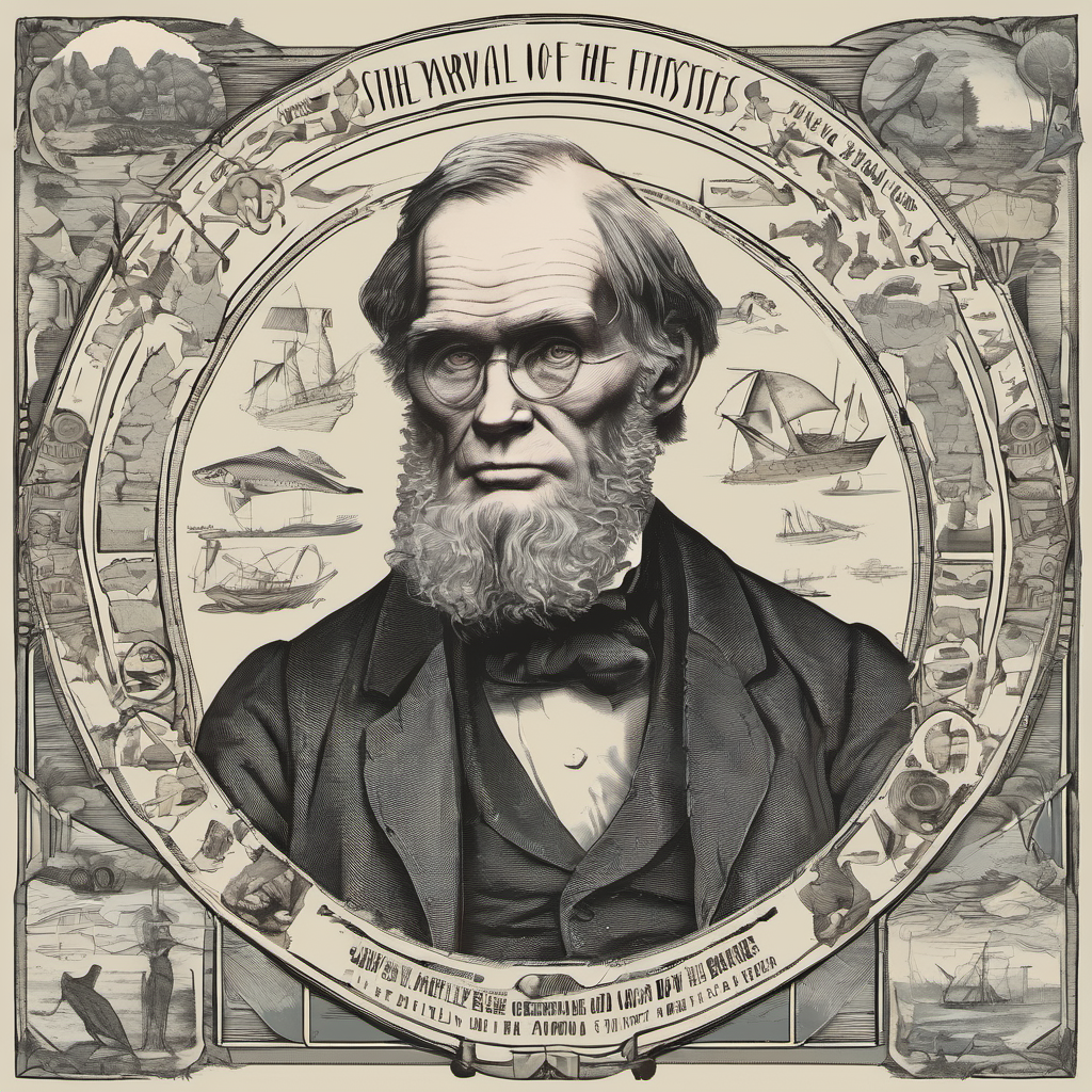 Stylized portrait of a man in Victorian style, surrounded by technical sketches and evolutionary representations in a historical frame.