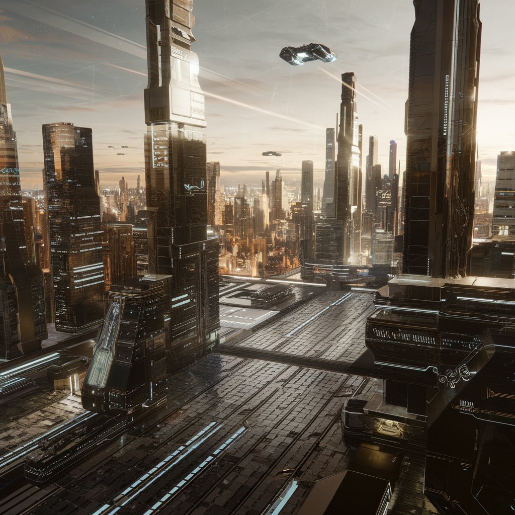 Futuristic city with flying cars, tall skyscrapers and digital infrastructures at sunset