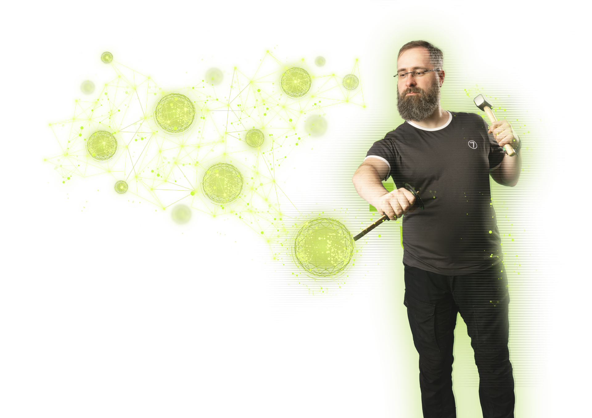 virtual7 employee in black T-shirt working on bright green digital networks with a chisel.