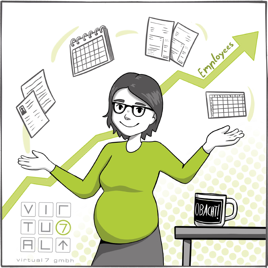 Christine mit Babybauch jongliert mit Kalender Symbolen und Bewerbungsbögen