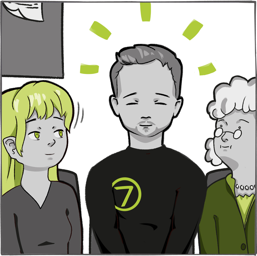 Fabian als Ruhepol und Hahn im Korb zwischen zwei weiblichen Mitarbeiterinnen