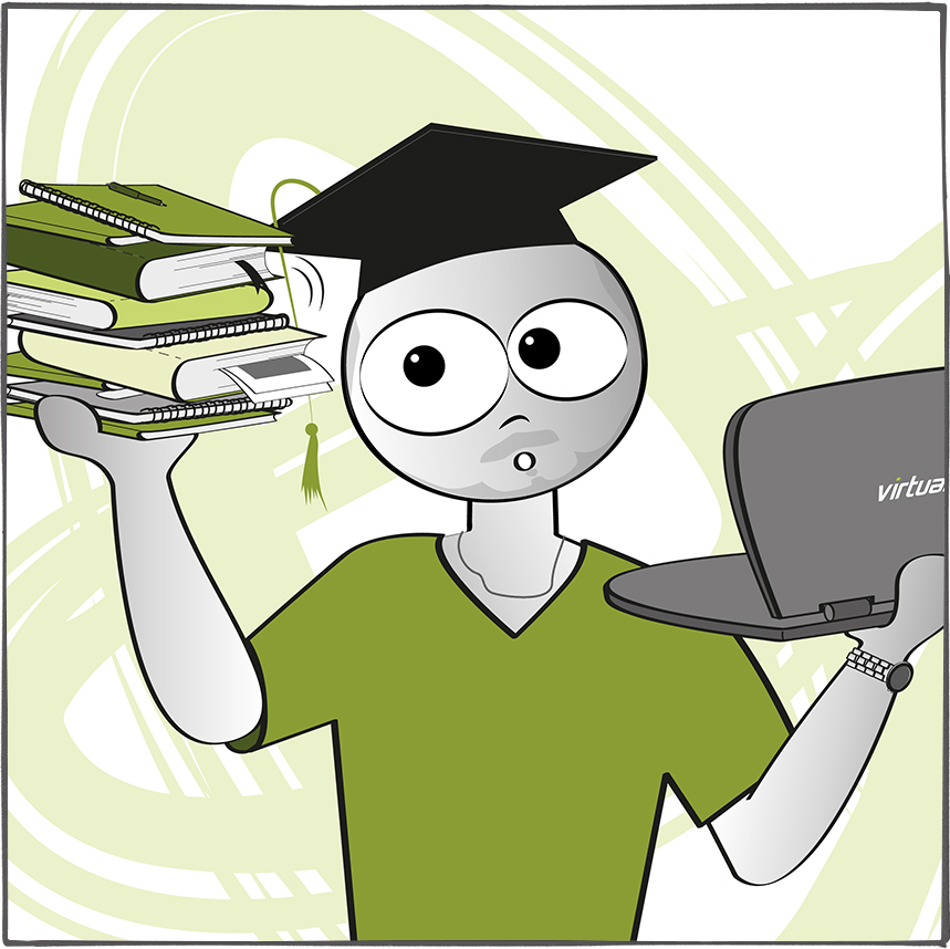 Marcus mit einem Laptop, Lernutensilien und Mortarboard