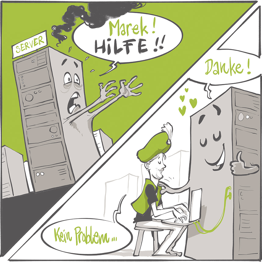 Ein Server schreit um Hilfe, Marek als Dschinni verkleidet hilft ihm.