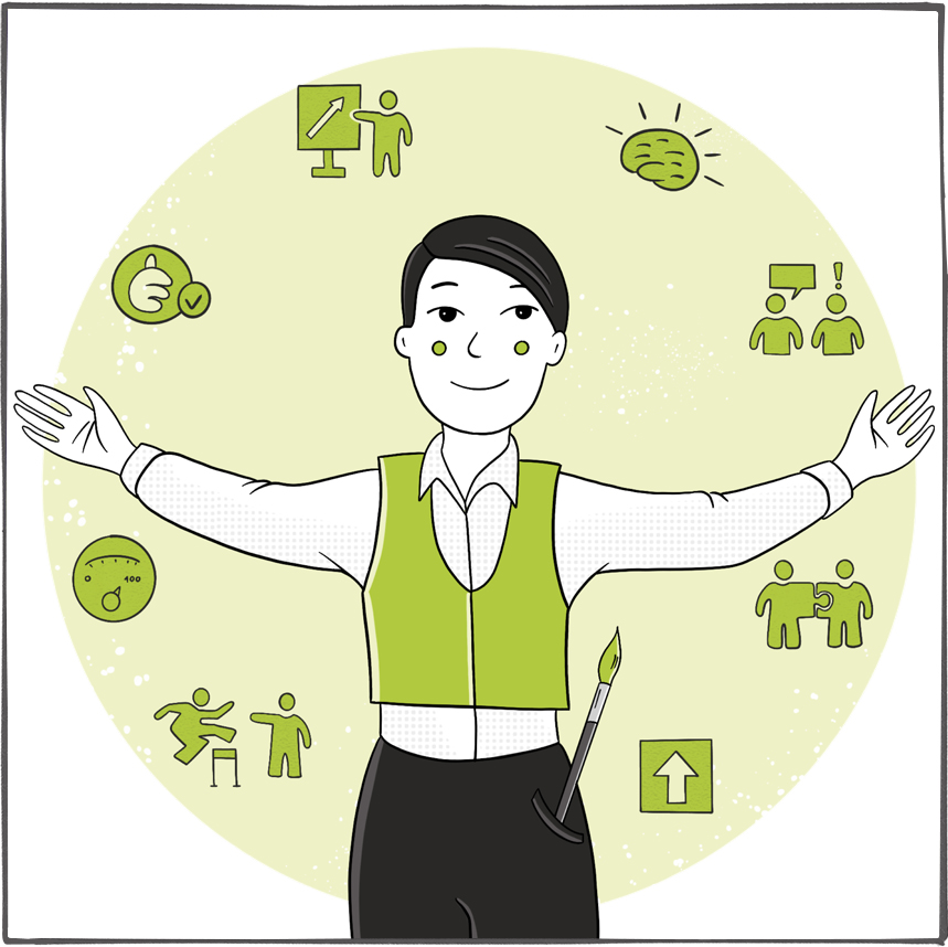 Michaela steht mit Armen ausgebreitet vor einem Kreis mit Symbolen ihrer Fähigkeiten und Skills