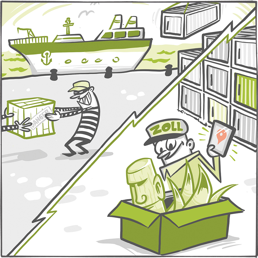 Ein Dieb klaut Ware am Hafen, im Hintergrund ein Containerschiff, im Vordergrund sieht man einen Zollbeamten der mit einem Tracker die Ware ausmacht