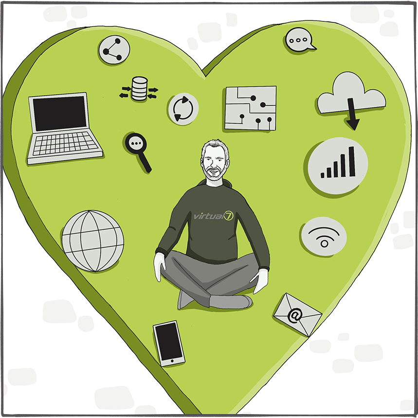 Tobias liebt seinen Job, er sitzt im Schneidersitz inmitten digitaler Symbole