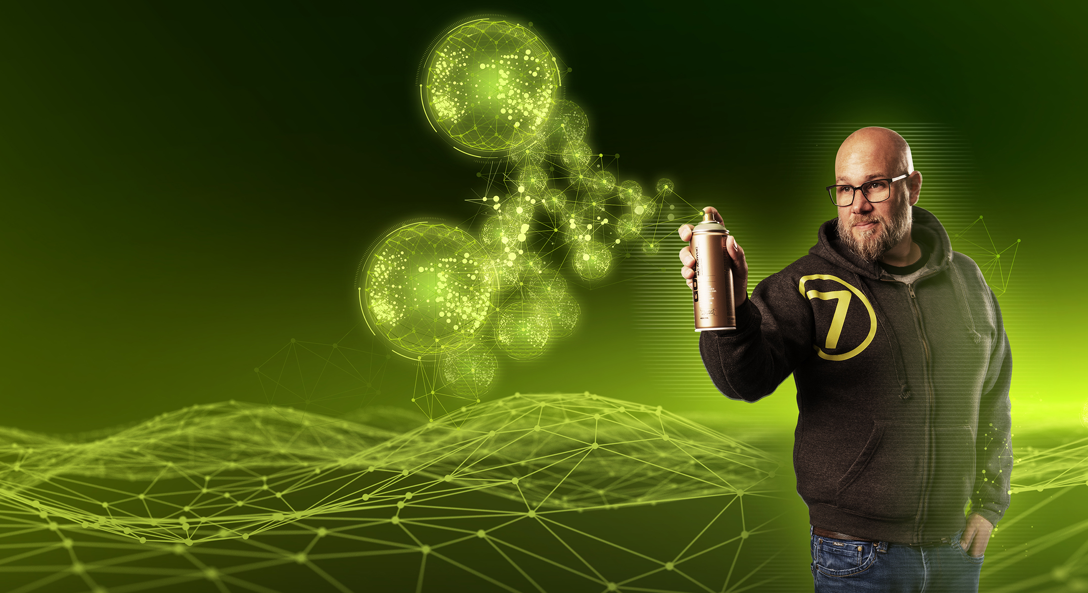 virtual7 Welt mit einem Menschen der aus einer Sprühdose digitale Elementen sprüht