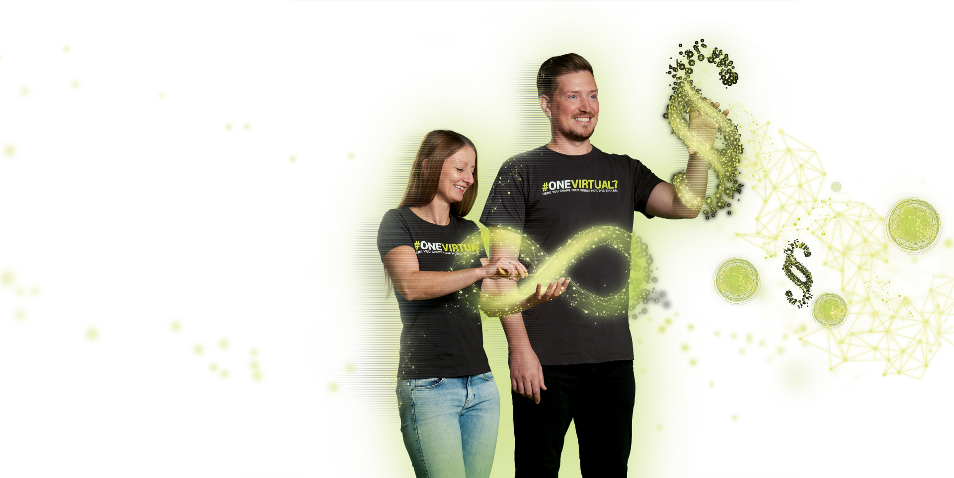 Two virtual7 employees wearing #OneVirtual7 shirts form a glowing infinity symbol together while digital paragraph marks appear.
