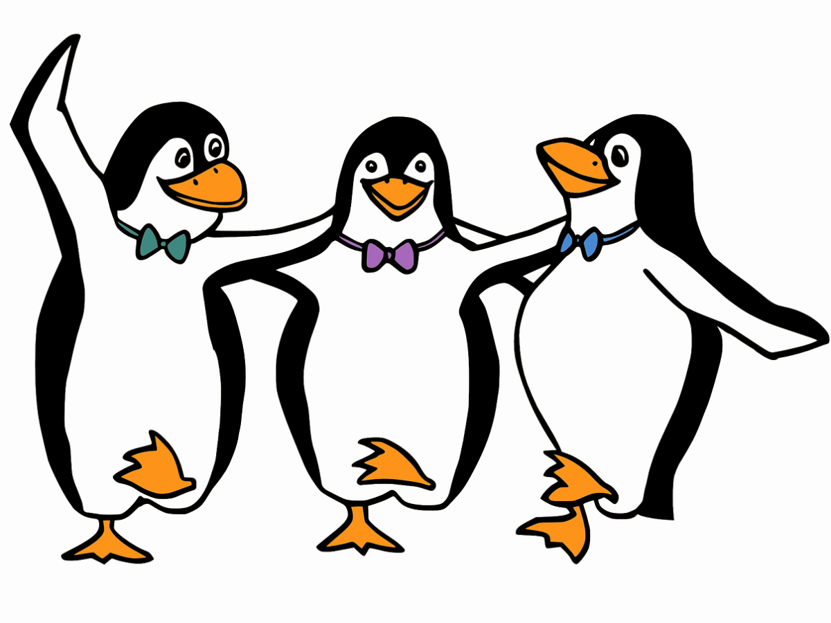 Three drawn happy penguins with colorful bow ties dance and hold each other by the shoulders.