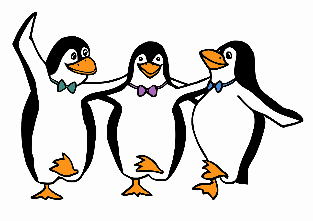 Three drawn happy penguins with colorful bow ties dance and hold each other by the shoulders.
