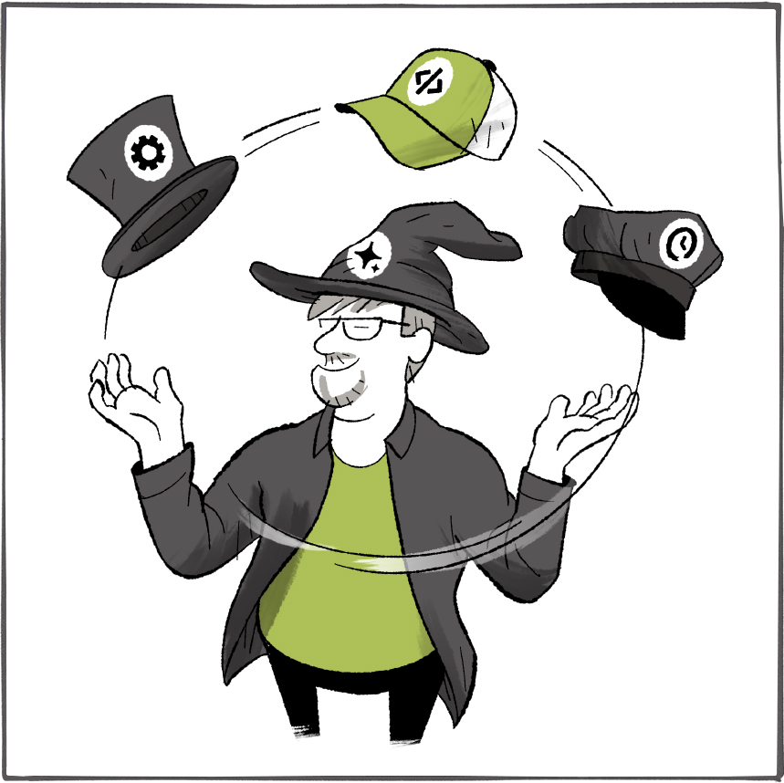 Alexander Lenz jongliert mit verschiedenen Hüten und Mützen