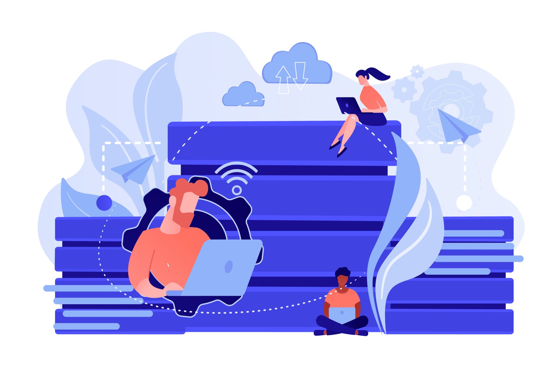 Database concept – Illustration von Menschen mit Laptops vor Serverstapeln, umgeben von Symbolen für Cloud, Daten und Automatisierung.